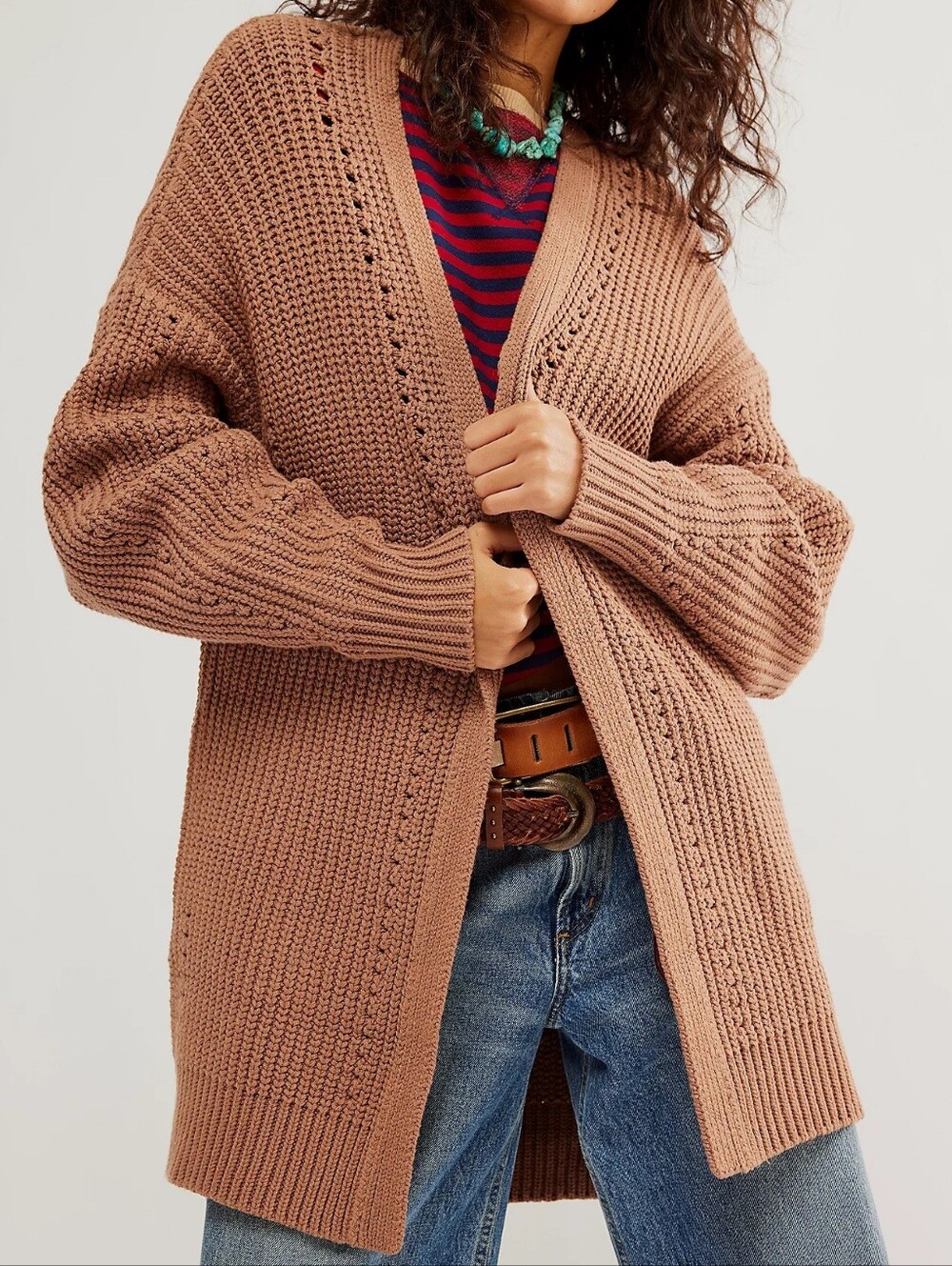 Free People Nightingale Cardi Tan Brown Oversized Slouchy Open Cardigan
